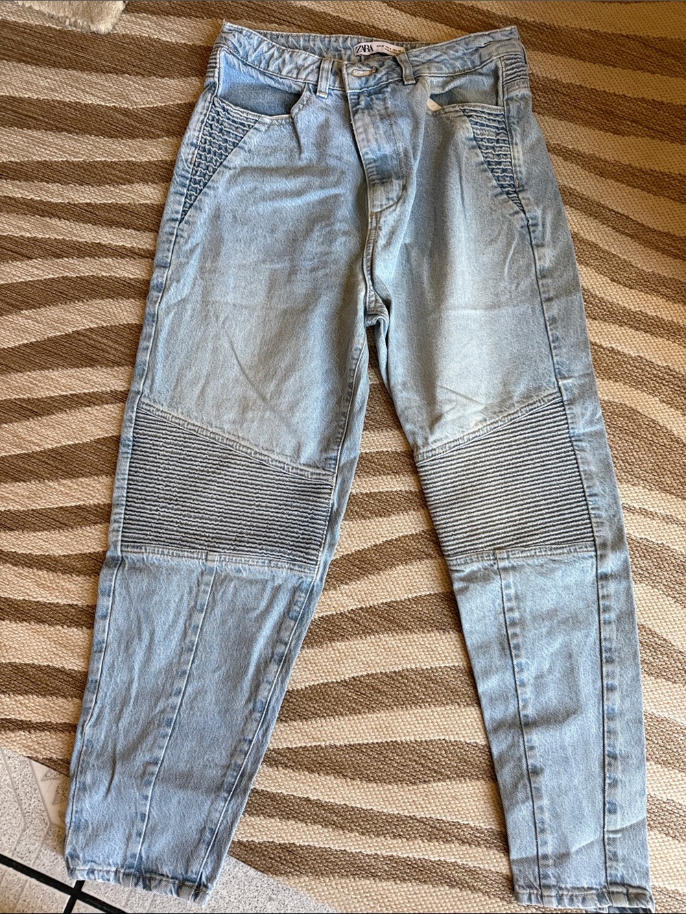 ZARA Light Blue Denim Boyfriend Jeans with Ribbed Knee Panels